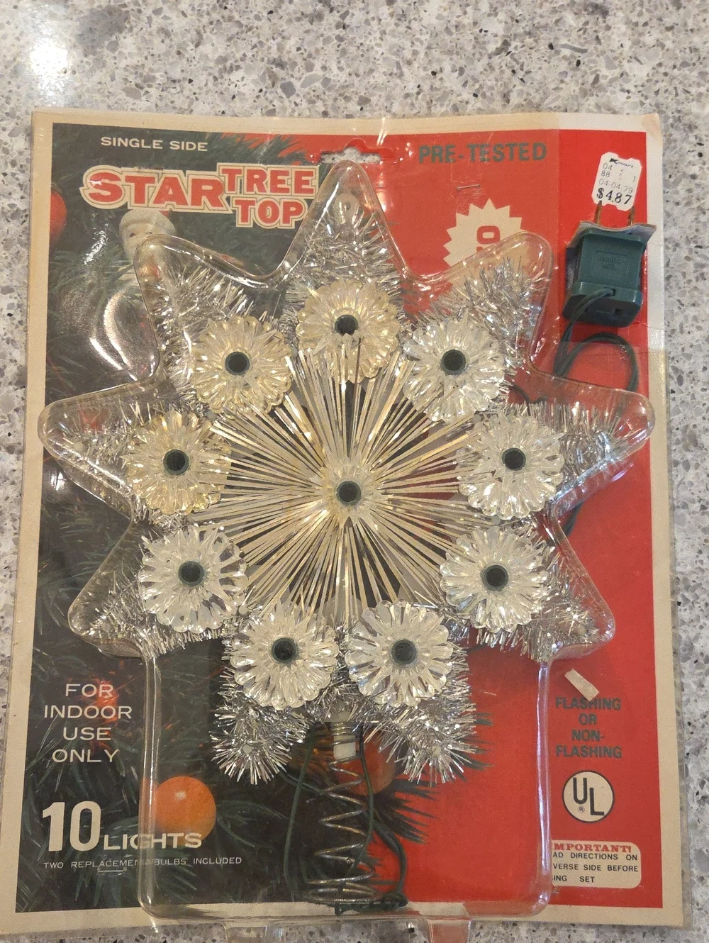 Vintage Silver Tinsel Star Tree Topper Holds 10 Lights